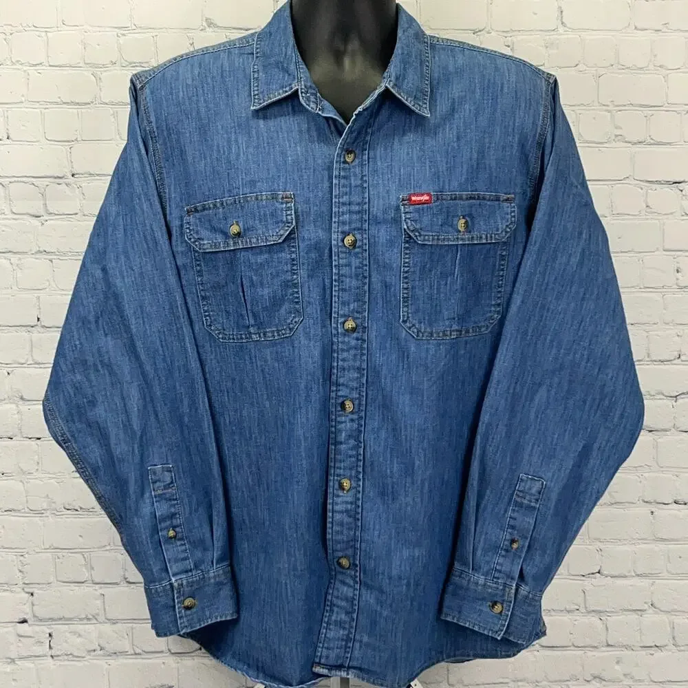 Wrangler Denim Button Front Shirt Mens L Large Blue Cowboy Western Long Sleeve
